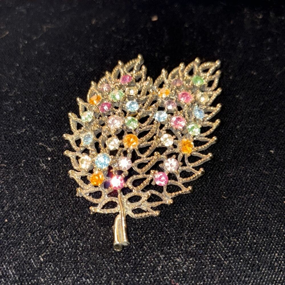 Vintage 60s Gold Leaf Brooch w/ Multicolor Rhinestones | Estate Find